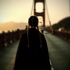 Blonde woman with braids on the bridge in San Francisco cinematographic