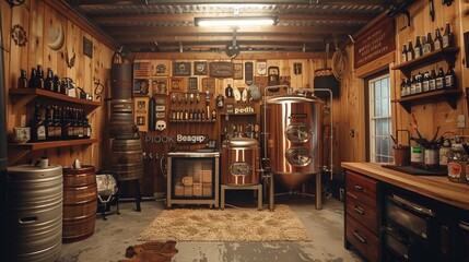 Rustic Wooden Brewery Interior with Copper Tanks and Wooden Barrels