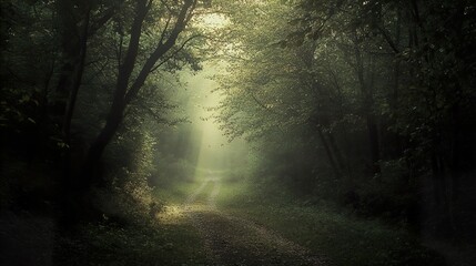 Obraz premium Enchanted Forest Path: Sunlight Through the Mist