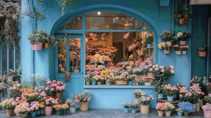 Obraz premium A flower shop in pastel blue with an arched window, the interior full of romantic flowers in soft pinks and blues, creating a picturesque, cozy scene