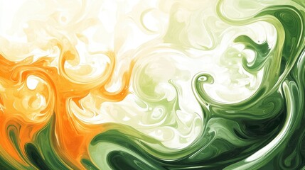 A fresh and lively abstract background of swirling green and orange waves, punctuated by bright white highlights for an artistic flair.
