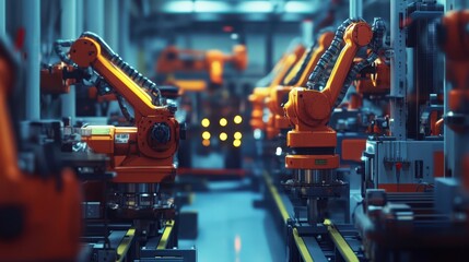 Fototapeta premium A factory with many robots in orange and gray