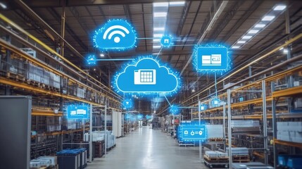 Obraz premium A warehouse with a blue cloud with wifi on it