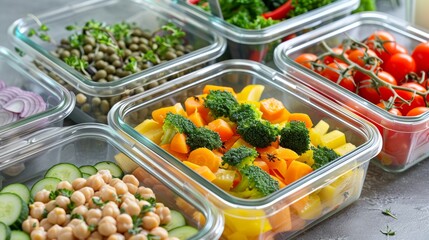 Obraz premium Healthy Meal Prep Containers with Vegetables Chickpeas and Cucumber