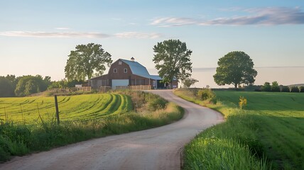 Fototapeta premium Rural Farm Scene with Red Barn and Winding Dirt Road