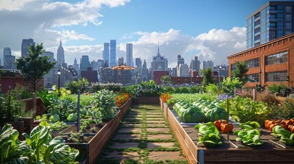 Fototapeta premium Urban Rooftop Garden with City Skyline View Sustainable Farming Green Space Fresh Veget