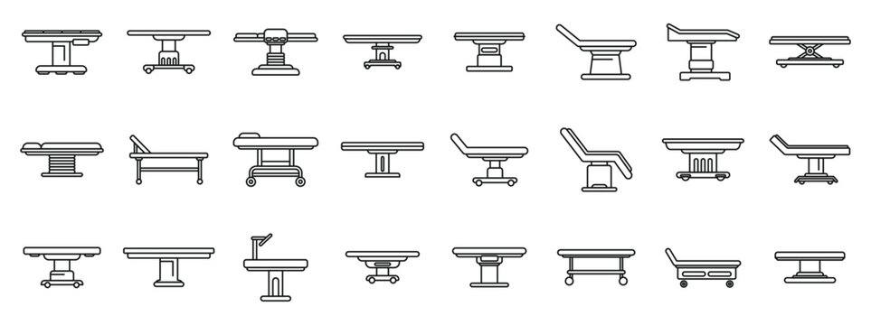 Medical operating table icons set. Exploring various medical examination table designs, highlighting their diverse features and utility in healthcare settings