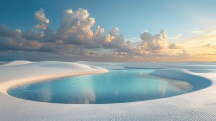 Fototapeta premium White Sand Dunes with Turquoise Lagoon and Cloudy Sky at Sunset