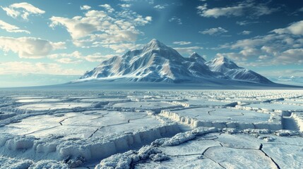 Snowy Mountain Range Over Cracked Ice Landscape