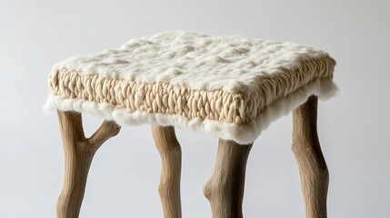 Rustic Handmade Wool Stool with Natural Wood Legs
