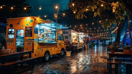 Obraz premium Food Trucks Under String Lights Rainy Night Market