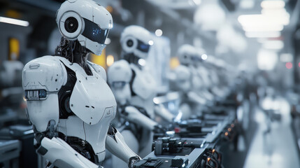 Fototapeta premium A line of robots are working on a conveyor belt