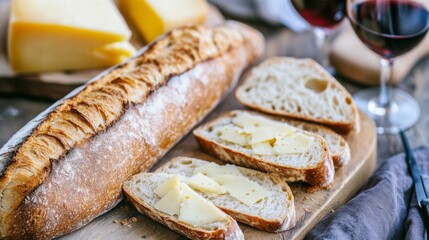 Naklejka premium Rustic Baguette with Cheese and Wine in Natural Light