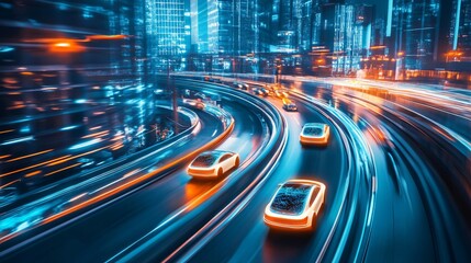 Futuristic Cityscape with Cars Driving on a Highway at Night