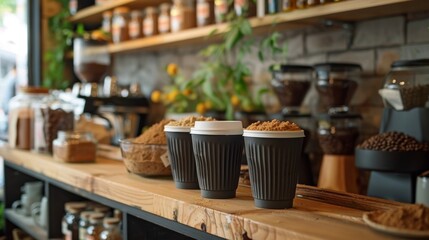Fototapeta premium Three Paper Cups of Coffee with Brown Sugar on Countertop in Coffee Shop