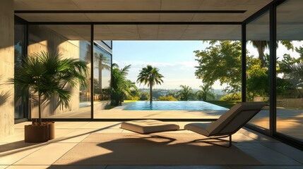 Fototapeta premium Beautiful interior of a modern villa, view from veranda. architecture modern. Ultra realistic. Photorealistic