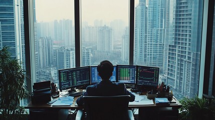 Fototapeta premium Businessman Working at a Desk with Multiple Monitors in a Modern Office