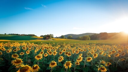Obraz premium A field of sunflowers facing the sunset in a rural landscape