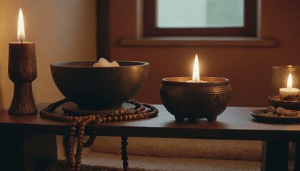 Candlelit meditation corner with wooden mala beads, books, and a potted plant creating a serene ambiance