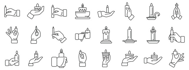Hand holding candle icons set. People holding burning candles, offering prayers, and using various candle holders in acts of remembrance, hope, or celebration