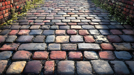 Cobblestone Path with Brick Walls - 3D Illustration