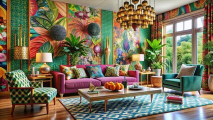 Fototapeta premium Modern maximalist living room with bold patterns, vibrant colors, and decorative elements , luxury, trendy, interior design