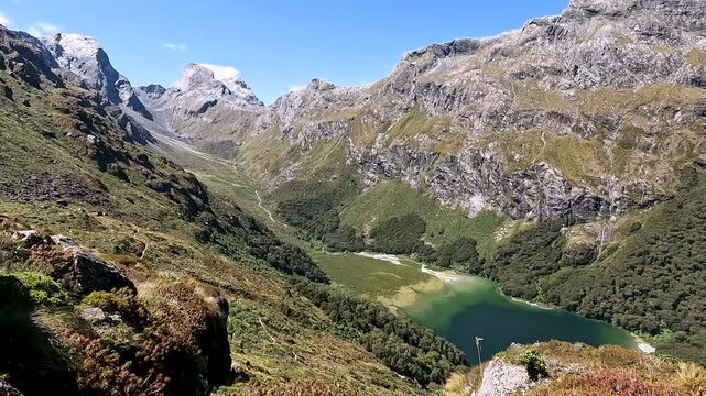 Stunning Views of Lake Mackenzie and Surrounding Mountains on Routeburn Track, Fiordland National Park, New Zealand