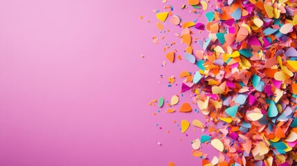 Fototapeta premium A vibrant display of multi-colored confetti spills across a vivid purple surface, adding a cheerful touch to any festive occasion