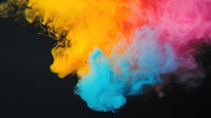 Obraz premium Vivid swirls of blue, yellow, and pink ink mix beautifully in water, producing striking cloud formations against a dark backdrop