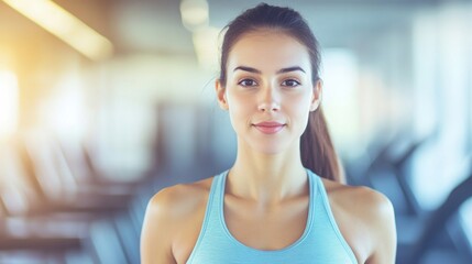 A focused fitness woman is working out in a gym, dressed in sportswear, dedicated to her health and fitness journey