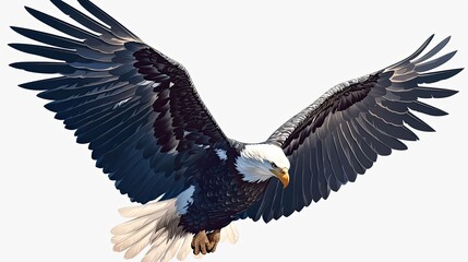 Obraz premium Bald eagle in flight with spread wings against a white background
