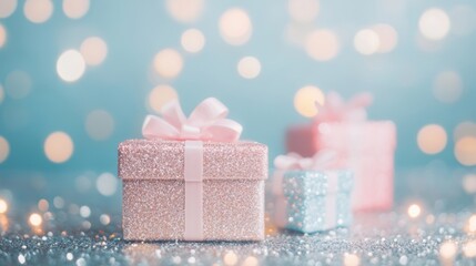 Fototapeta premium Glittering gift boxes in soft pastel colors are arranged beautifully, glowing amid a dreamy background of festive, blurred lights