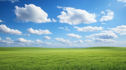 Obraz premium Sunny green field with blue sky and clouds on a summer day