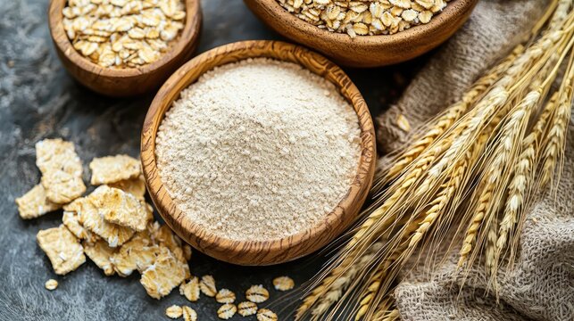 Grains and flour in wooden bowls, rustic setting, healthy ingredients.