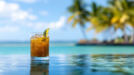 Obraz premium A refreshing cocktail sits on the pool's edge, inviting relaxation on a sunny day surrounded by tropical paradise