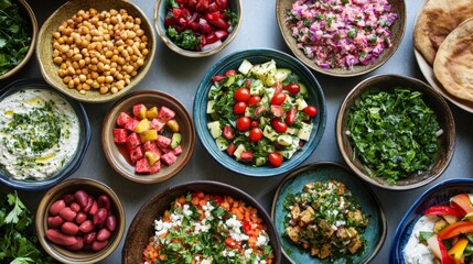 Fototapeta premium Fresh Seasonal Eastern Salads on Light Minimalist Background