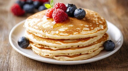 A tempting stack of fluffy pancakes is beautifully garnished with fresh raspberries and blueberries, inviting a delightful breakfast experience