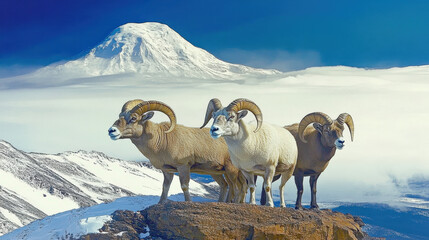 Naklejka premium Three bighorn sheep on a rocky peak with snow