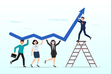Fototapeta premium Businessman and woman employee team help grow rising arrow chart, growth strategy, team collaboration to grow business success, teamwork or partnership to develop or improve work efficiency concept