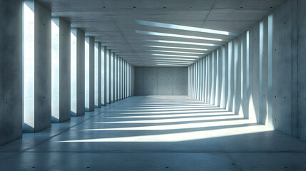 Obraz premium Abstract 3D Rendering of a Concrete Corridor with Sunbeams