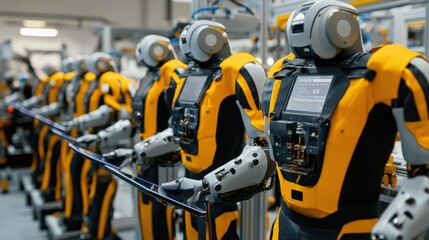 A line of robots are working in a factory