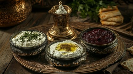 Fototapeta premium Traditional Eastern Dips with Seasonal Colors and Contrast
