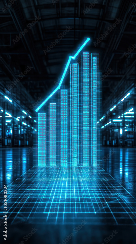 Poster a blue graph with a downward slope is displayed in a dark room. the graph is made up of several line