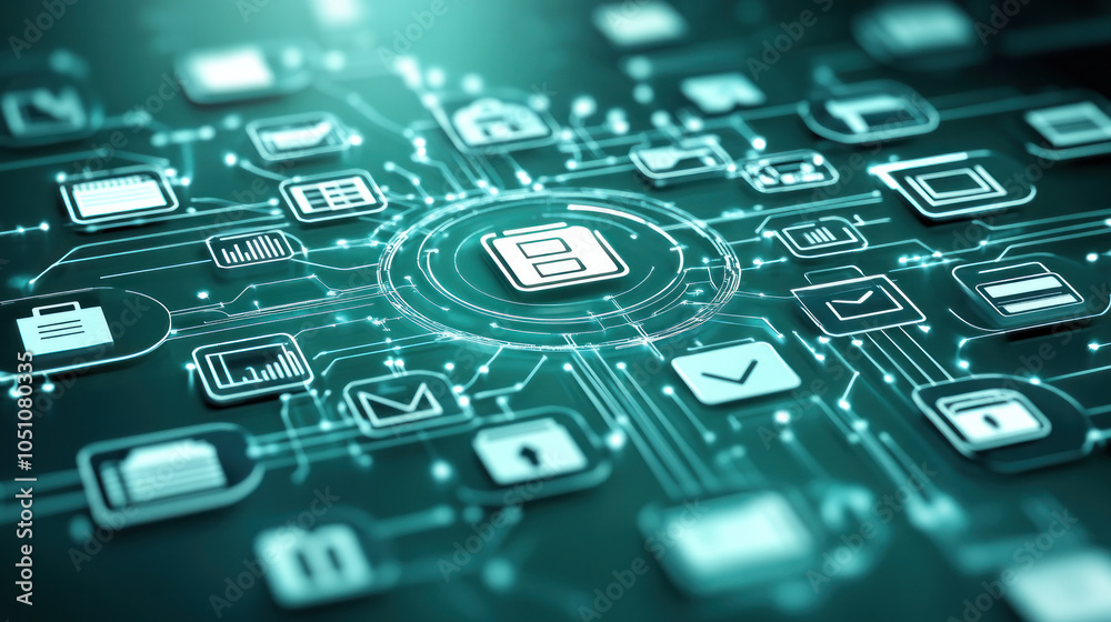 Poster a computer network with many icons and a central icon. the icons are all connected to each other, fo