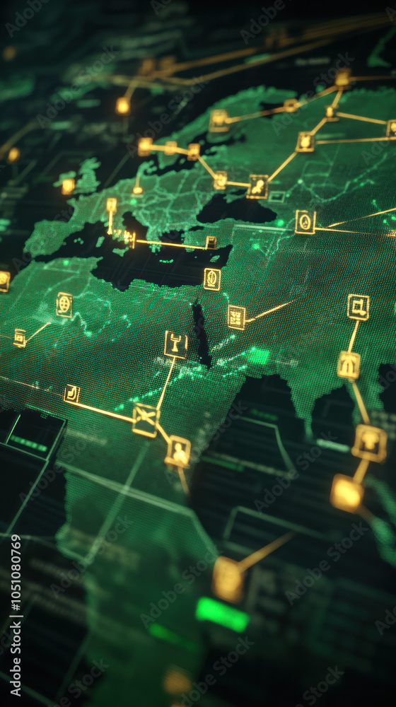 Poster a green screen with a map of the world and many lines connecting it. the map is filled with dots and