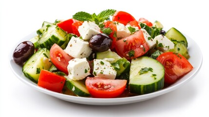 Fresh Salad with Feta and Cucumbers on White Background