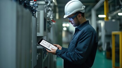 A man in a white helmet is looking at a tablet while standing in a factory