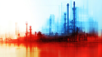 Obraz premium A city skyline with a red and blue background. The buildings are blurry and the colors are vibrant