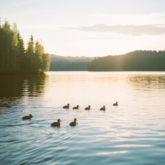 A family of ducklings swimming in a calm lake at sunset, with a forested shoreline in the background.