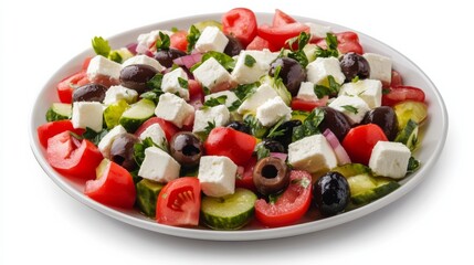 Fresh Salad with Olives and Feta on White Plate